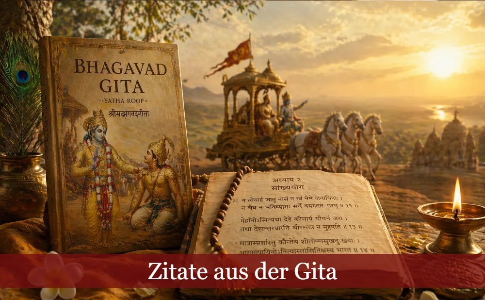 Symbolbild Bhagavad Gita. Text: Zitate aus der Gita