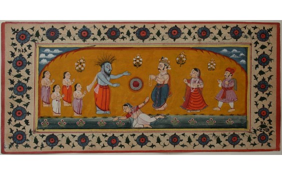 Das Sudarshana Chakra (Zentrum) zwischen Durvasa (unmittelbar links) und Ambarisha (unmittelbar rechts).