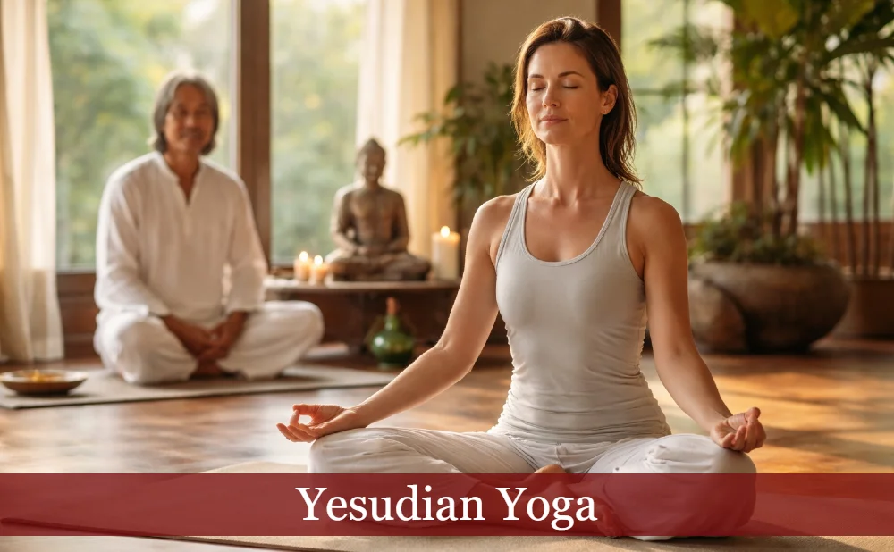 Meditierende Frau in Kursraum. Text: Yesudian Yoga